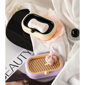 Jabonera ovalada Hongyu beige y morada de doble capa con drenaje, soporte de plástico para jabón para artículos de baño. - Product Image 3