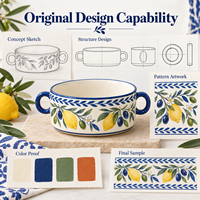 Bol à soupe en céramique à double poignée Citron Olive, peint à la main, en porcelaine, pour céréales et petit-déjeuner, personnalisable OEM ODM, vente en gros