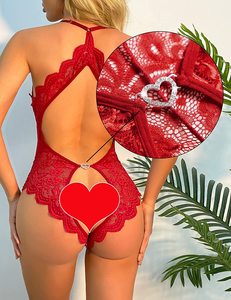 Lencería sexy de encaje con entrepierna abierta, talla grande, con lazo, pijama sin espalda, mono de tentación libre - Product Image 3