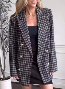 女性用ダブルブレストTWEEDブレザーロングカジュアルビジネススーツボタンデコレーション秋冬オフィスストライプチェック柄 - Product Image 6