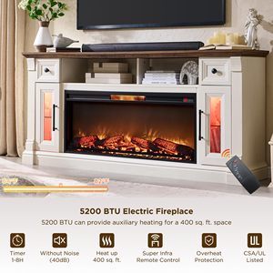 Mueble de TV SENYU de madera blanca con chimenea eléctrica y gabinete de almacenamiento para sala de estar, apto para televisores de 65 pulgadas o más. - Product Image 3