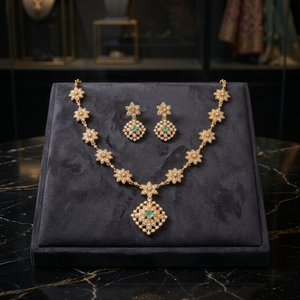 Premium Matt Finish CZ Floral Necklace <b>Set</b> with Earrings, Gold Plated Bridal Wedding Party Wear Artificial Jewellery - Product Image 3