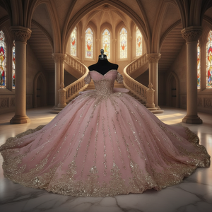 Vestido de Quinceañera Mumuleo Rosa Bush 2026, Vestido de Gala Largo Hasta el Suelo con Cola, Satén Bordado con Encaje, Cintura Natural Moderna - Product Image 1