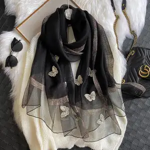 Autumn and winter new style Korean silk scarf women fashion embroidery butterfly beaded warm scarf long shawl pure color women