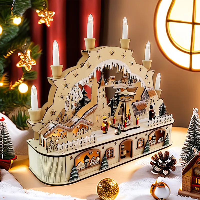 木製レーザーカットクリスマスシーンとクリスマスギフト用のライトアップアーチブリッジを備えたクリスマスハウスビレッジ