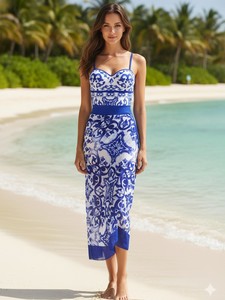 Traje de baño de una pieza con estampado retro y falda a juego, conjunto de bikini de dos piezas para mujer - Product Image 1
