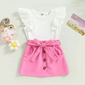 Set di Abbigliamento Estivo 2024HO per Bambine 1-5 Anni, Top con Maniche in Pizzo e Gonna Tinta Unita con Cintura - Product Image 2