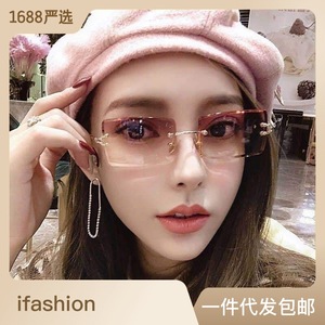European American Style Frameless <b>Square</b> Sunglasses For Women Gold Metal Plastic UV400 Light Weight Category 1 - Product Image 2
