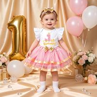 Tenue photo pour le premier anniversaire de bébé fille : Barboteuse à manches bouffantes motif dessin animé, jupe en tulle moelleuse à bordure dorée et ensemble bandeau – Vêtements pour bébé