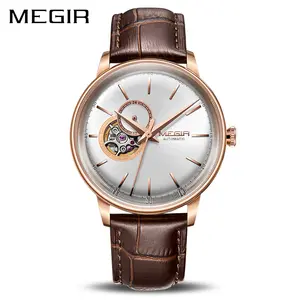 MEGIR自动机械表顶级品牌奢华骨架男士手表钟表商务皮革手表Relogio Masculino