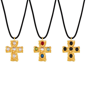 Joyería de moda de acero inoxidable 18K chapado en oro colorido Zirconia Cruz colgante <span class=keywords><strong>collar</strong></span> de cuerda negra - Product Image 4