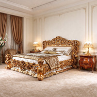 Lit double sur mesure de style royal européen, sculpté en acanthe, avec sommier haut et pieds dorés, idéal pour suite de chambre principale de palais