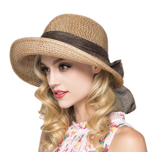 Chapeau de soleil en paille violet avec nœud, large bord respirant, chapeau d'été pour femme - Product Image 2