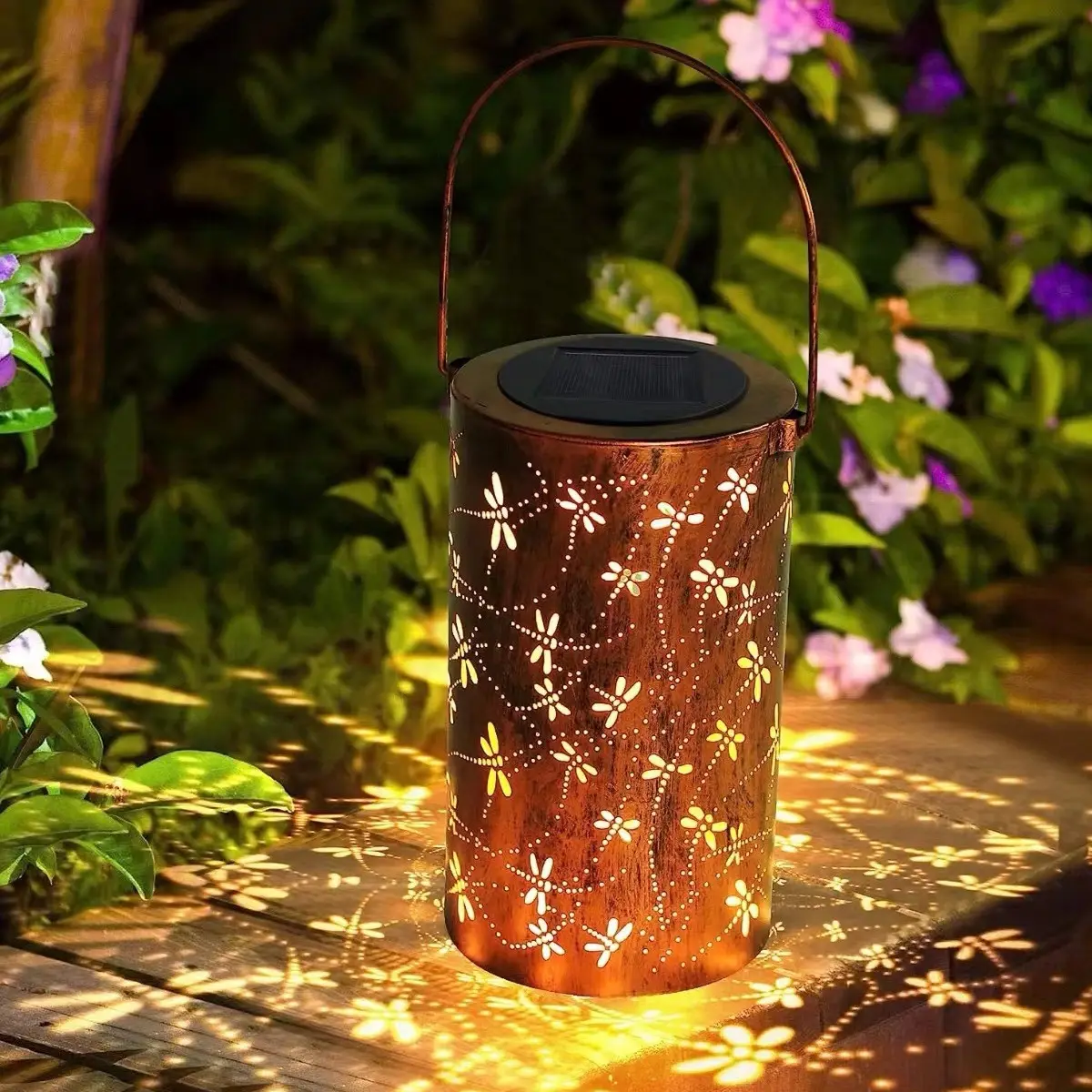 LED Solar Lantern pendant Light Hollow Iron Hanging Lamp motion lighting Outdoor Waterproof Garden decoration Lights