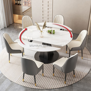 Mesa de Comedor Redonda Extensible Estilo Italiano, Tapa de Losa de Roca Blanca, Base de Pedestal Negra, para 4-8 Personas, Muebles para Hogar, Hotel, Restaurante - Product Image 2