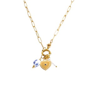 Collar con colgante de corazón, cadena de clavícula chapada en oro de 18 quilates con perla y dijes florales azules, regalo para mujer - Product Image 5