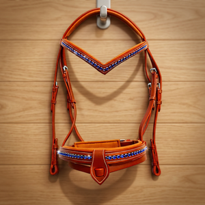 Brida de cuero genuino acolchada para caballo de exhibición con cristales azules, brida de cuero de lujo con diseño Flash y pico de diseñador - Product Image 2