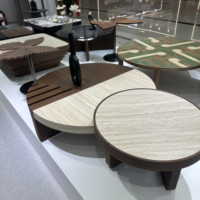 Juego de Mesa de Centro y Mesa Auxiliar Creativo Estilo Wabi-Sabi: Madera Redonda con Diseño de Dos Tonos y Mosaico (Mueble Minimalista para Sala de Estar)