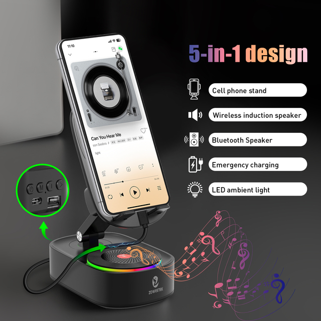 ZOWEETEK 5W Dual Mode Induction for Bluetooth Audio Speaker Portable Magnetic Mobile Stand RGB LED Charging Cell Phone Holders