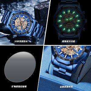 Men's Quartz Watch Skeleton Design Blue Stainless Steel Band Tachymeter Date Display Waterproof Luminous Sport Casual Style - Product Image 3