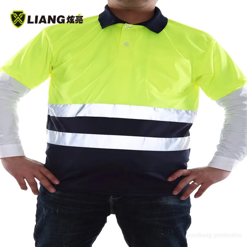2 Tone Polo High Visibility Safety T-shirt Sleeved T-shirt Polyester Bird Eyes Knit Heat Transfer Reflective Tape Men T Shirt