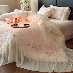 Automne hiver <span class=keywords><strong>fil</strong></span> de lait Jacquard en mousseline de soie dentelle housse de couette ensemble quatre pièces drap de lit reine King Size lait velours ensemble de literie - Product Image 3