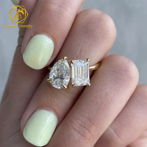 Bague de fiançailles en diamant gracieux coupe émeraude et poire <span class=keywords><strong>2025</strong></span> Bague de mariage en or jaune 14K/18K Style Toi Et Moi - Product Image 3