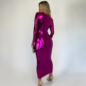 Vestido midi europeo americano con cuello en V, manga larga, pliegues y capa transparente para mujer, ropa de noche. - Product Image 3