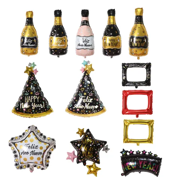 Feliz Ano Novo 2025, chapéu de meteoro de vinho, uísque e champanhe, conjunto de balões de alumínio para decoração de festas, adereços fotográficos de Natal e ano novo