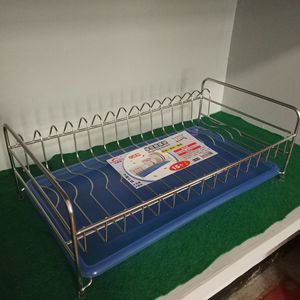 Single Layer Stainless Steel Dish Rack With Tray Quick Dry Kitchen Storage Square Shape PP Material - Product Image 1