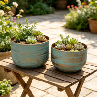 Set 2 Pot Tanaman Logam Turquoise Brushed Metal Vintage Distressed Bulat untuk Dekorasi Rumah dan Taman di Meja Dalam Ruangan