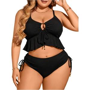 Ensemble de bikini personnalisé pour femmes grandes tailles, haut court à volants, maillot de bain deux pièces taille haute, encolure halter, Spandex Polyester - Product Image 1