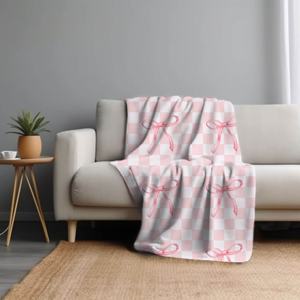 Manta tejida Jacquard de terciopelo Coquette de diseño personalizado, lazo rosa <span class=keywords><strong>para</strong></span> hija, decoración de habitación de poliéster 100% <span class=keywords><strong>para</strong></span> el Día de San Valentín - Product Image 4