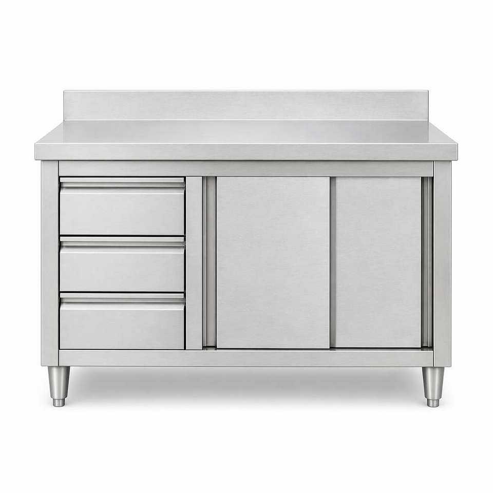 Stainless Steel Commercial Kitchen Workbench Table Sliding Door Storage ...