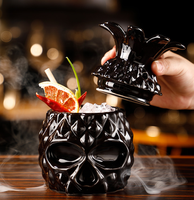 Céramique Tiki Tasse Tête Bol Ananas Couvercle Poterie Eau TIKI Tasse 3d Crâne Lavé à l'eau pour Halloween Design Unique Couleur Noire