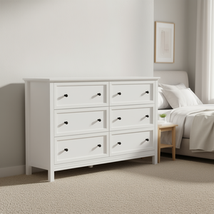 Commode à 6 tiroirs en bois blanc, design rétro minimaliste, dispositif anti-basculement, organisateur de rangement pour salon et chambre à coucher - Product Image 2