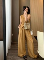 Nouvel ensemble deux pièces été 2026 pour femme : Gilet en lin et coton blanc et pantalon large coupe ajustée – Tenue de ville élégante