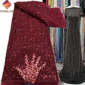 Tissu en dentelle perlée à la main au design exclusif, perles, <span class=keywords><strong>tulle</strong></span>, broderie de perles tubulaires, paillettes, tissu en dentelle pour robe de mariée de haute couture - Product Image 1