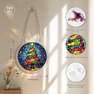 Attrape-soleil de Noël en vitrail, puzzle rond en acrylique de 7,87 pouces, ornement DIY pour la décoration intérieure - Product Image 1
