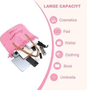 กระเป๋าโท้ทชายหาดสีชมพูปักลายโลโก้แบบกำหนดเอง ขนาดใหญ่จุของได้เยอะ สายสะพายไหล่ผ้าแคนวาส สายหนัง กระเป๋าถือสำหรับผู้หญิง - Product Image 4