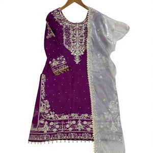 Kurti de seda GMY de alta calidad con bordado de lentejuelas Dori y trabajo de remaches Moti, conjunto completo con Plazzo y Dupatta a juego, para mujer, estilo étnico. - Product Image 2