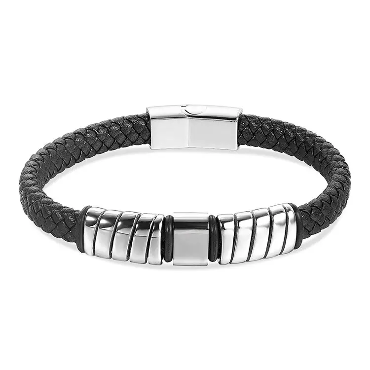 Wholesale Non Tarnish Surgical Steel Link Charm Mens Cheap Men's Accessories Braided Leather Bracelet