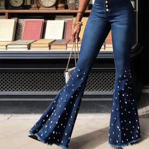 <span class=keywords><strong>Jean</strong></span> évasé décontracté taille haute extensible pour femme, orné de strass et de perles, <span class=keywords><strong>en</strong></span> denim tendance, coupe cloche, pour usage quotidien - Product Image 3