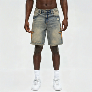Short en jean droit taille mi-haute style urbain audacieux, vêtements confortables et écologiques en polycoton pour les vacances décontractées - Product Image 1