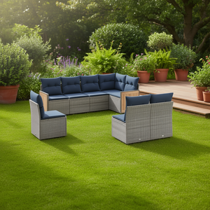 Ensemble de canapés de jardin en polyrotin gris avec coussins, 8 places, mobilier d'extérieur, structure en teck, design contemporain - Product Image 2
