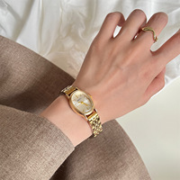 Jam Tangan Wanita Aksesoris Fashion Baja Anti Karat Dial Oval Kecil Lapisan Emas 14K Gelang Mewah Mesin Quartz