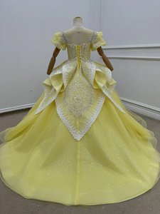 QUEENS Robe De Luxe Applique <span class=keywords><strong>Cour</strong></span> Banquet Fleur Fille Robe De Soirée Jaune Manches Bouffantes Petite Fille Robe pour Anniversaire Robe De Bal - Product Image 5