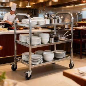 Nhà máy Zunck cung cấp xe đẩy phục vụ nhà bếp và xe đẩy ăn uống bằng thép không gỉ ba tầng có tay cầm bằng bạc, có thể tùy chỉnh. - Product Image 6