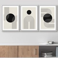 Affiche imprimable avec lignes d'arche demi-cercle arc-en-ciel, formes géométriques abstraites noires, décoration bohème du milieu du siècle, art minimaliste