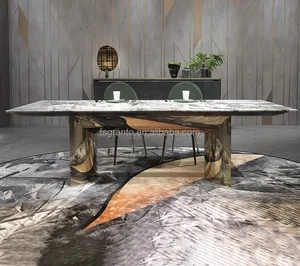 クラシックスタイル大理石トップダイニングテーブルキッチン家具ビッグサイズステンレススチールロングテーブル
